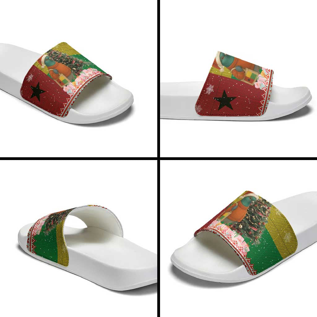Guinea Bissau Christmas Slide Sandals with Santa Penguin Christmas Tree and Red Green Yellow Snowflake - Wonder Print Shop