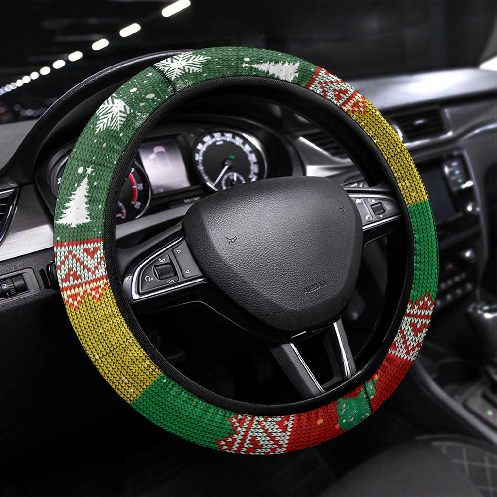 Guinea Bissau Christmas Steering Wheel Cover with Santa Penguin Christmas Tree and Red Green Yellow Snowflake - Wonder Print Shop