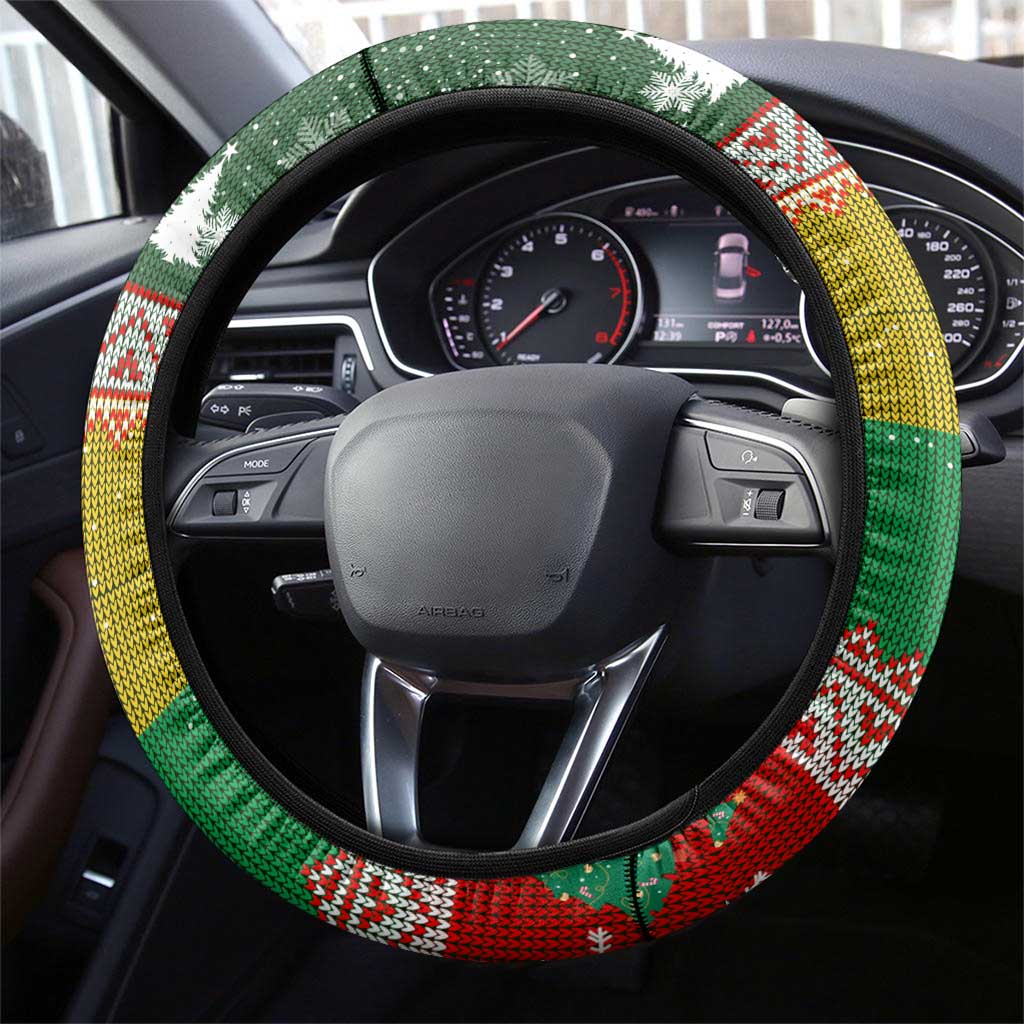 Guinea Bissau Christmas Steering Wheel Cover with Santa Penguin Christmas Tree and Red Green Yellow Snowflake - Wonder Print Shop