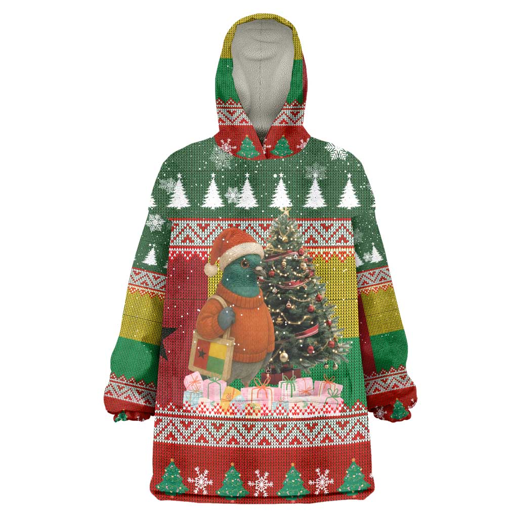 Guinea Bissau Christmas Wearable Blanket Hoodie with Santa Penguin Christmas Tree and Red Green Yellow Snowflake - Wonder Print Shop
