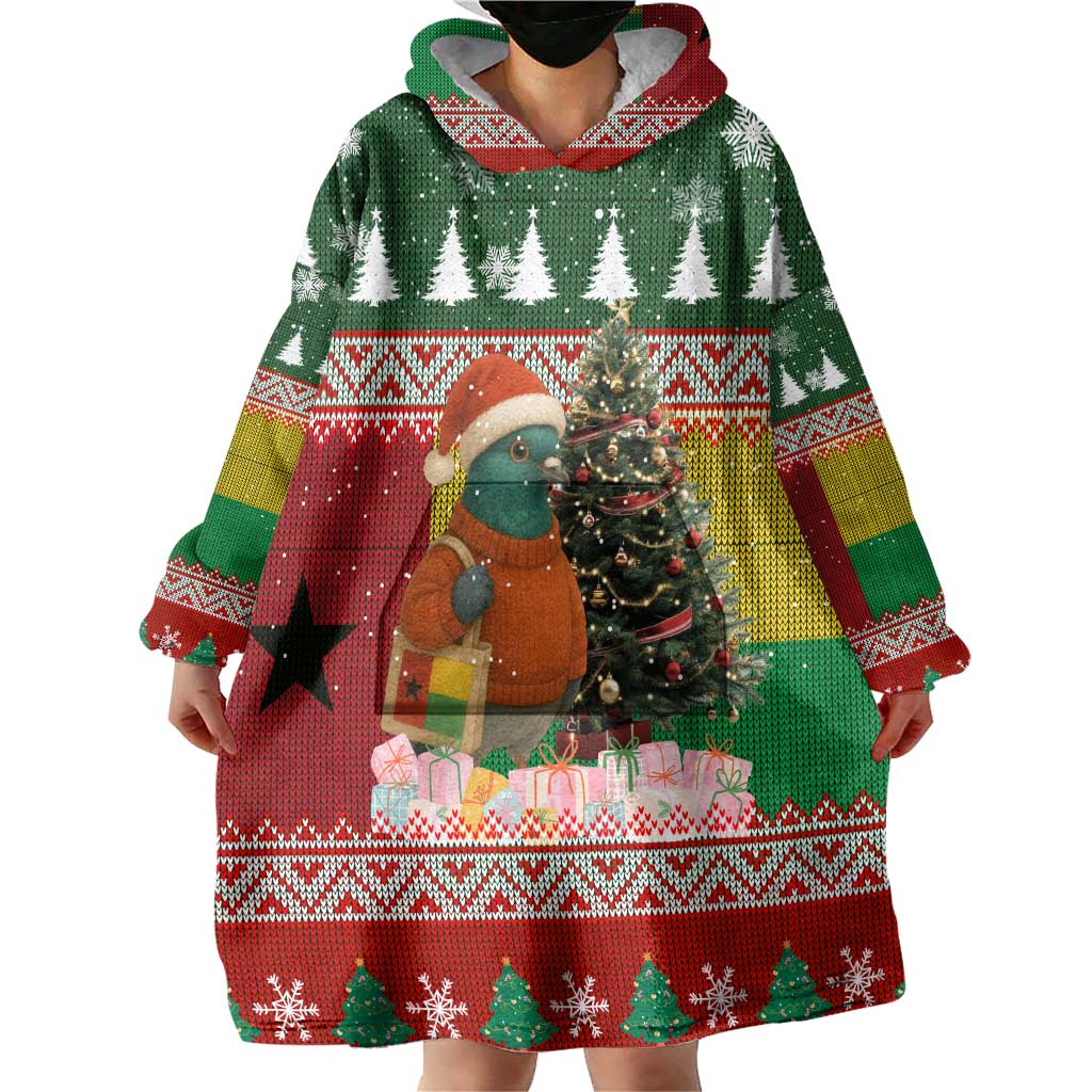 Guinea Bissau Christmas Wearable Blanket Hoodie with Santa Penguin Christmas Tree and Red Green Yellow Snowflake - Wonder Print Shop