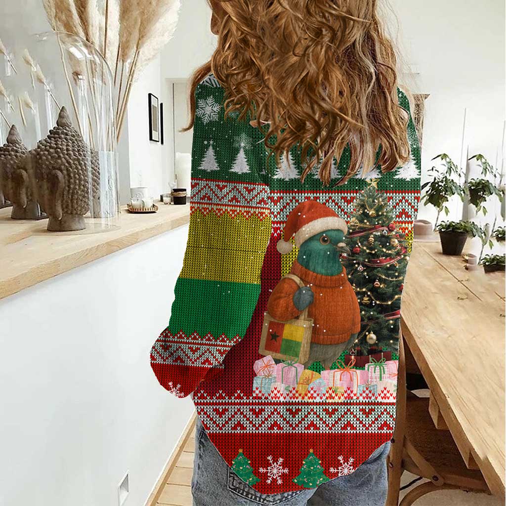 Guinea Bissau Christmas Women Casual Shirt with Santa Penguin Christmas Tree and Red Green Yellow Snowflake - Wonder Print Shop