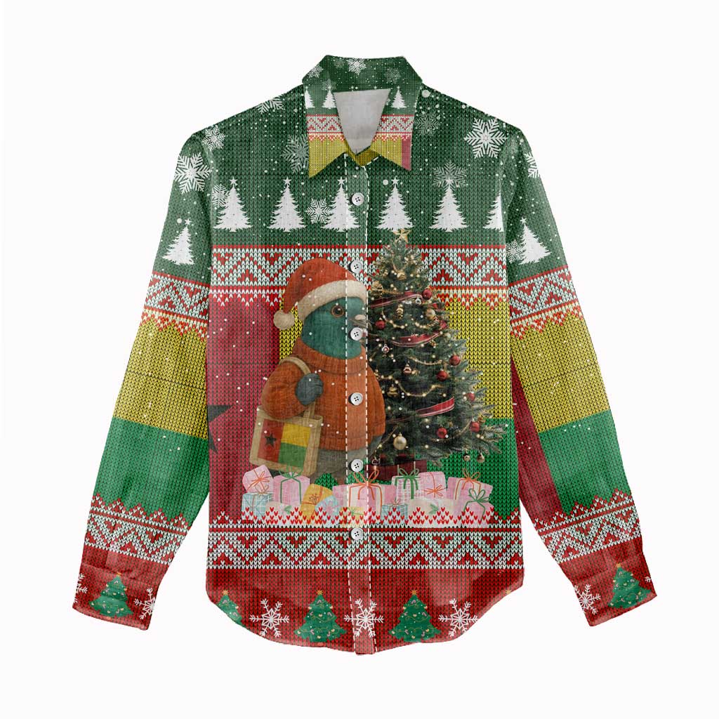 Guinea Bissau Christmas Women Casual Shirt with Santa Penguin Christmas Tree and Red Green Yellow Snowflake - Wonder Print Shop