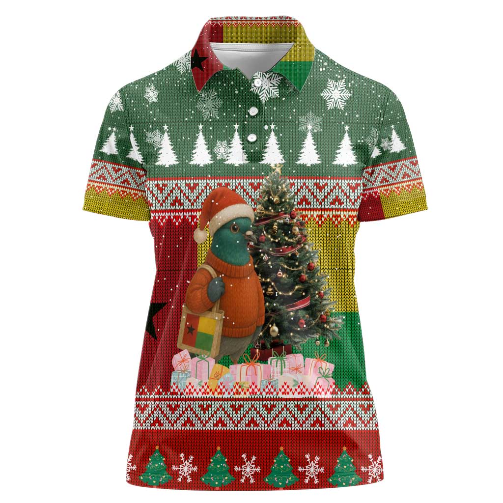 Guinea Bissau Christmas Women Polo Shirt with Santa Penguin Christmas Tree and Red Green Yellow Snowflake - Wonder Print Shop