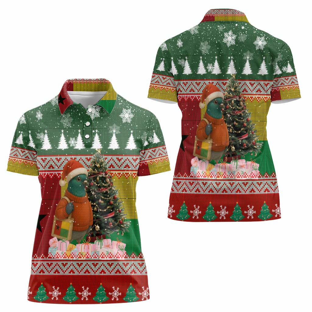 Guinea Bissau Christmas Women Polo Shirt with Santa Penguin Christmas Tree and Red Green Yellow Snowflake - Wonder Print Shop