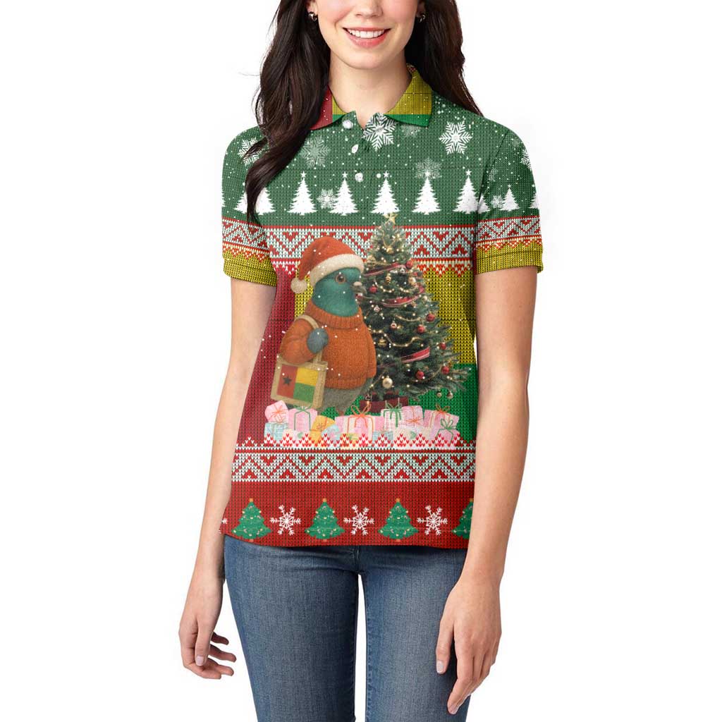Guinea Bissau Christmas Women Polo Shirt with Santa Penguin Christmas Tree and Red Green Yellow Snowflake - Wonder Print Shop