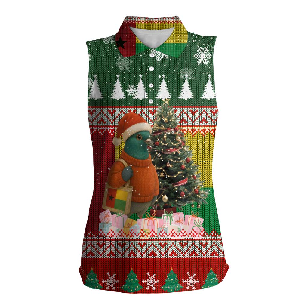Guinea Bissau Christmas Women Sleeveless Polo Shirt with Santa Penguin Christmas Tree and Red Green Yellow Snowflake - Wonder Print Shop