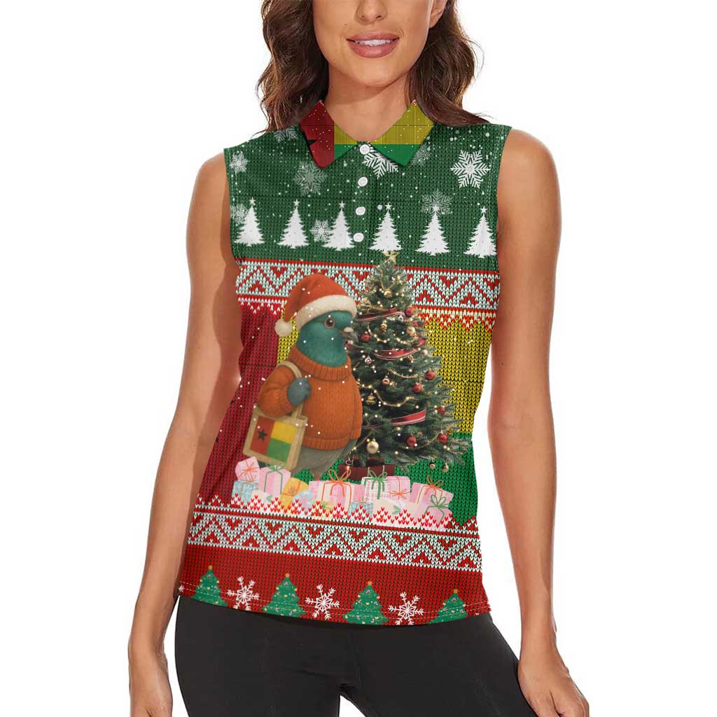 Guinea Bissau Christmas Women Sleeveless Polo Shirt with Santa Penguin Christmas Tree and Red Green Yellow Snowflake - Wonder Print Shop