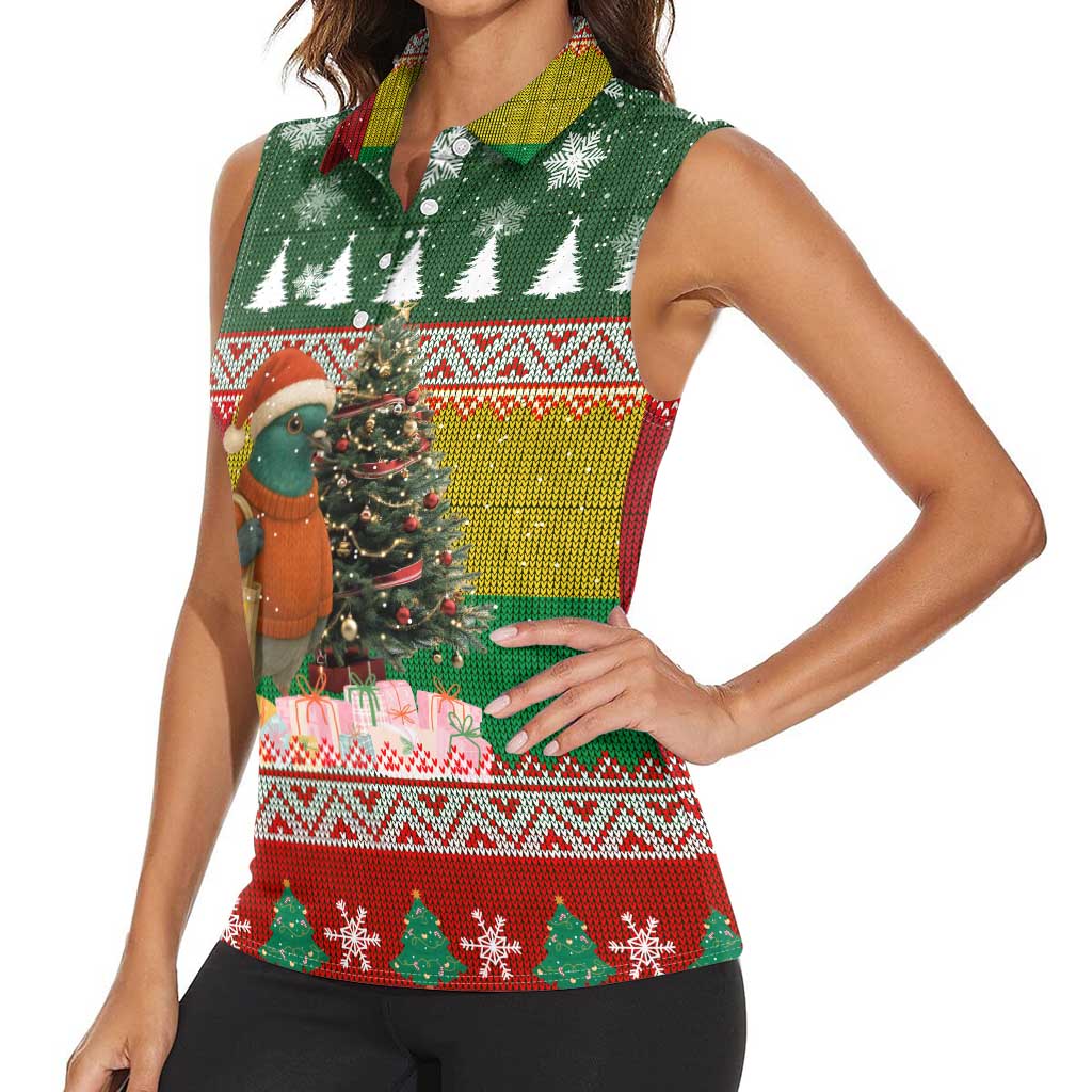 Guinea Bissau Christmas Women Sleeveless Polo Shirt with Santa Penguin Christmas Tree and Red Green Yellow Snowflake - Wonder Print Shop