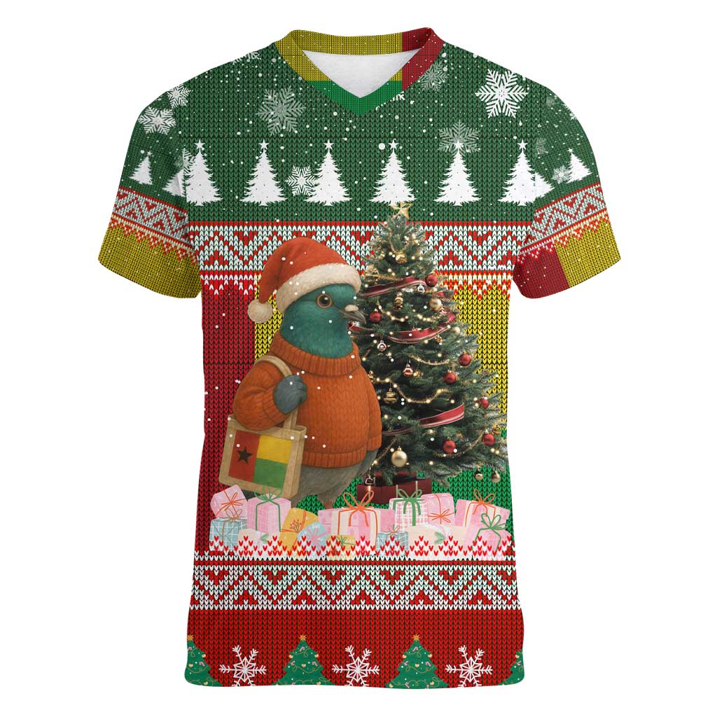 Guinea Bissau Christmas Women V-Neck T-Shirt with Santa Penguin Christmas Tree and Red Green Yellow Snowflake - Wonder Print Shop