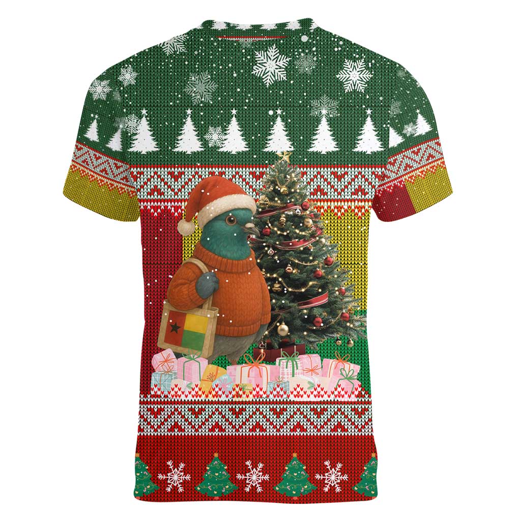 Guinea Bissau Christmas Women V-Neck T-Shirt with Santa Penguin Christmas Tree and Red Green Yellow Snowflake - Wonder Print Shop