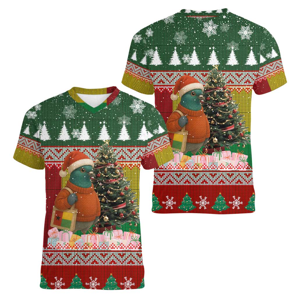 Guinea Bissau Christmas Women V-Neck T-Shirt with Santa Penguin Christmas Tree and Red Green Yellow Snowflake - Wonder Print Shop
