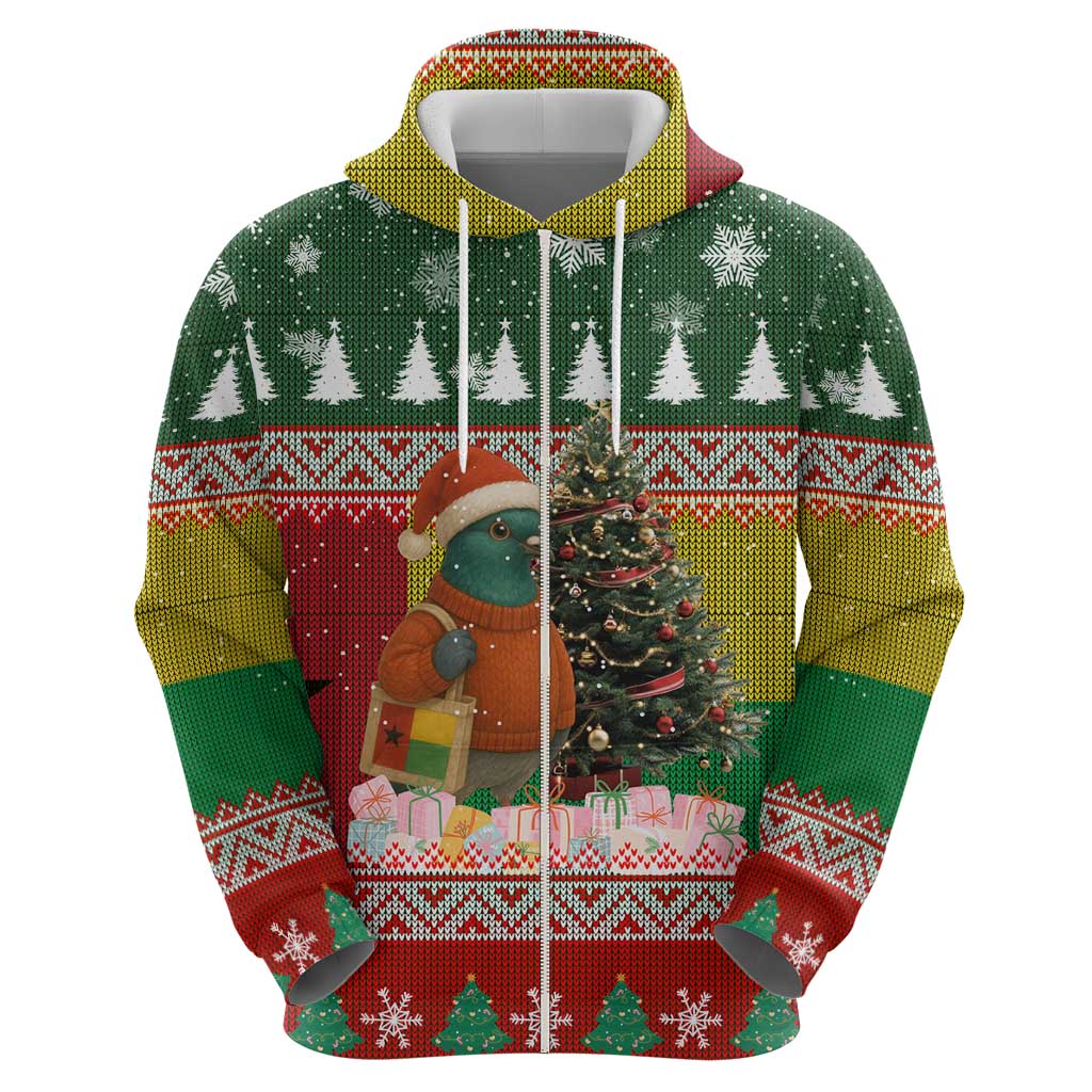 Guinea Bissau Christmas Zip Hoodie with Santa Penguin Christmas Tree and Red Green Yellow Snowflake - Wonder Print Shop