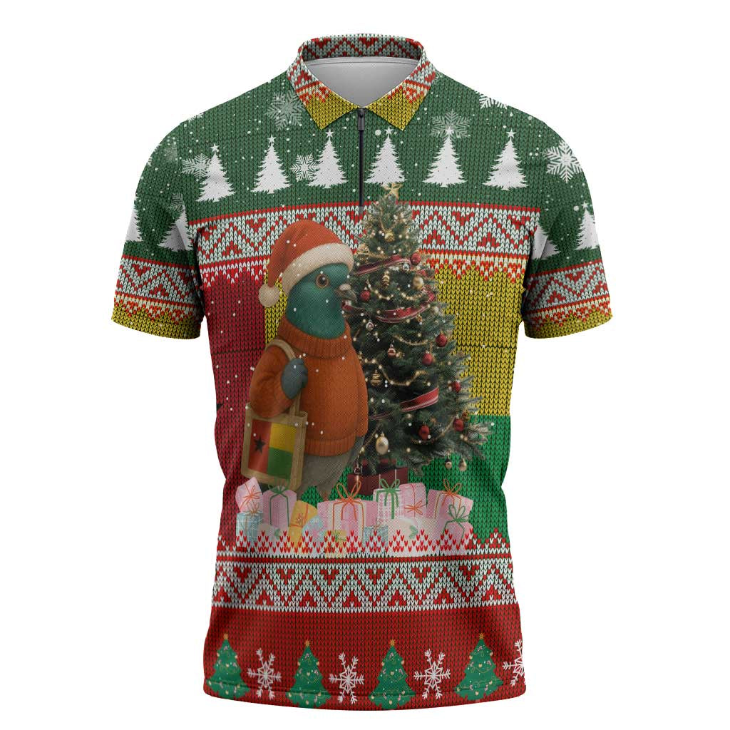 Guinea Bissau Christmas Zipper Polo Shirt with Santa Penguin Christmas Tree and Red Green Yellow Snowflake - Wonder Print Shop