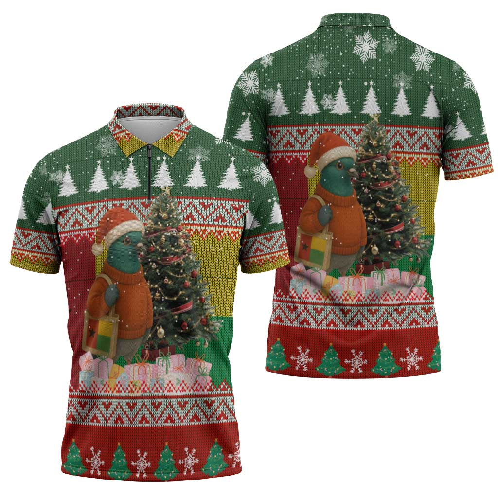 Guinea Bissau Christmas Zipper Polo Shirt with Santa Penguin Christmas Tree and Red Green Yellow Snowflake - Wonder Print Shop