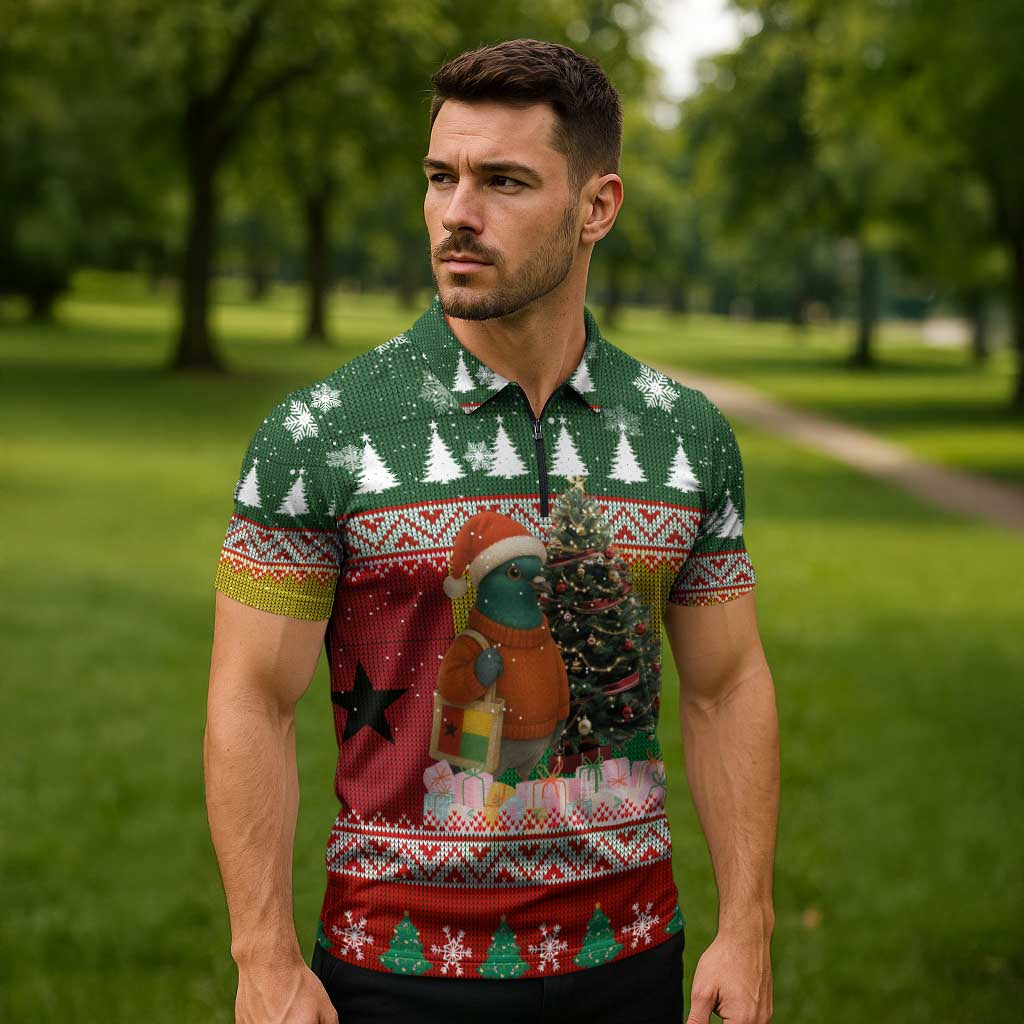 Guinea Bissau Christmas Zipper Polo Shirt with Santa Penguin Christmas Tree and Red Green Yellow Snowflake - Wonder Print Shop