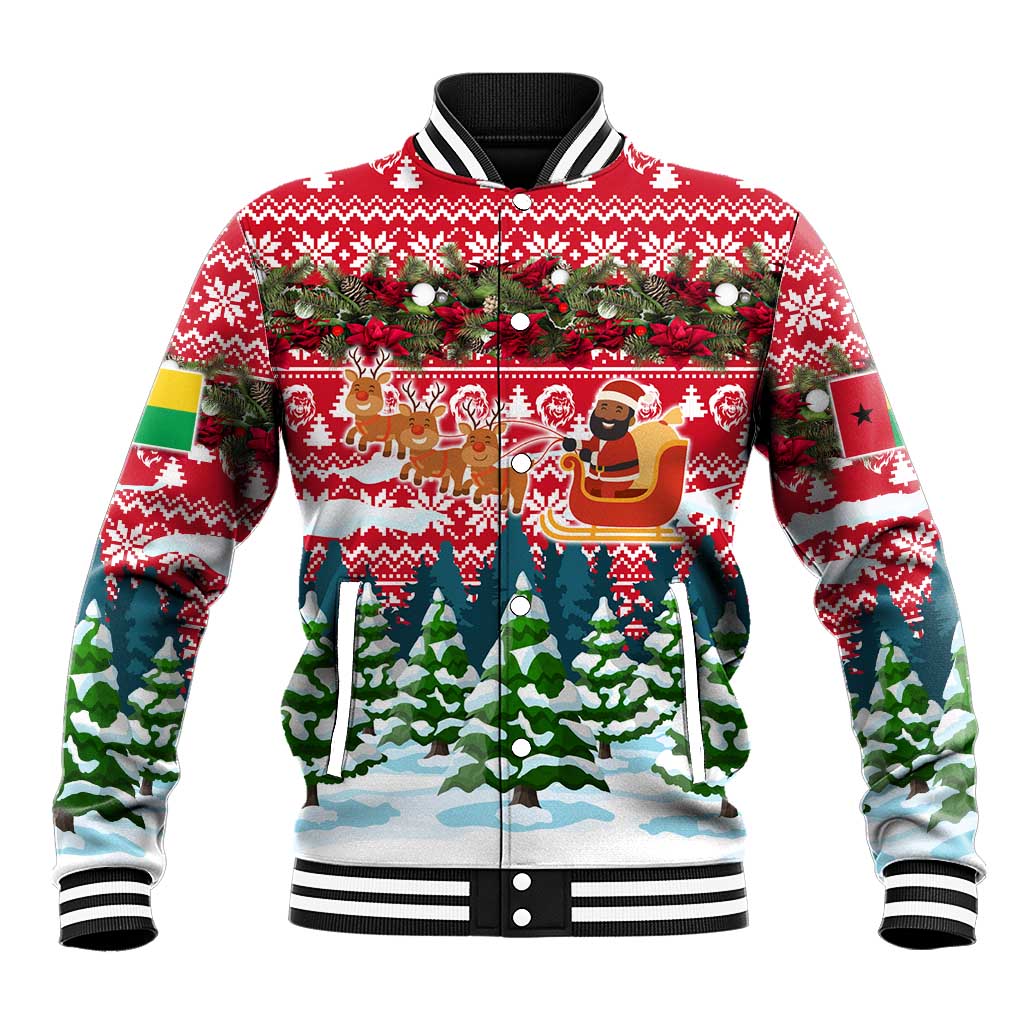 Guinea Bissau Christmas Baseball Jacket with Santa Sleigh Reindeer Forest and National Flag Design - Wonder Print Shop