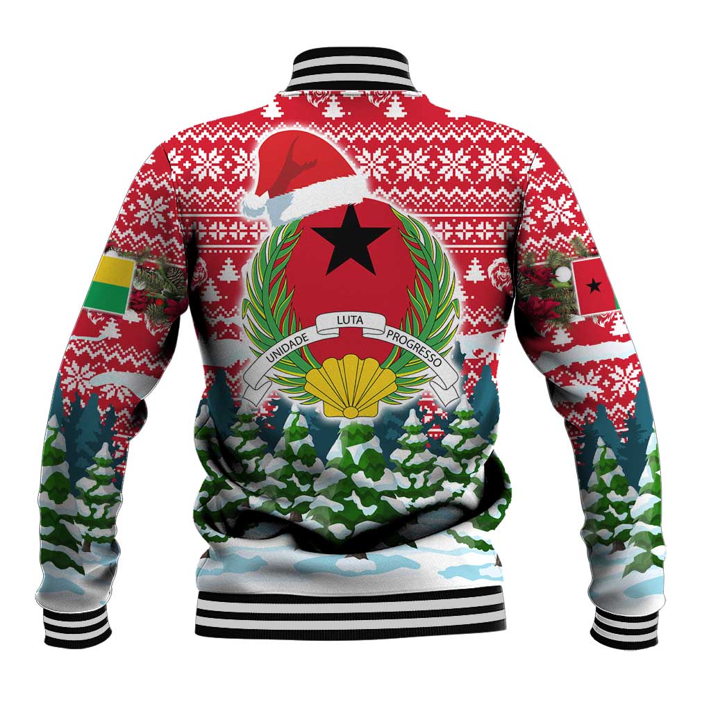 Guinea Bissau Christmas Baseball Jacket with Santa Sleigh Reindeer Forest and National Flag Design - Wonder Print Shop
