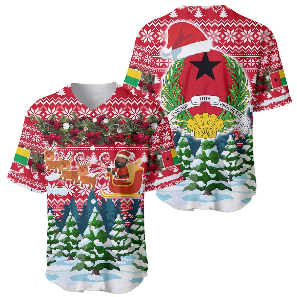 Guinea Bissau Christmas Baseball Jersey with Santa Sleigh Reindeer Forest and National Flag Design - Wonder Print Shop