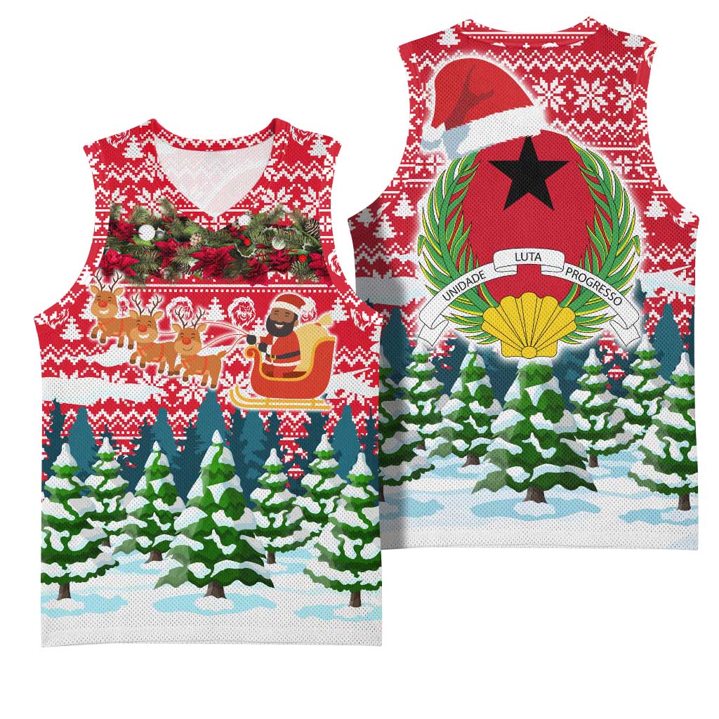 Guinea Bissau Christmas Basketball Jersey with Santa Sleigh Reindeer Forest and National Flag Design - Wonder Print Shop