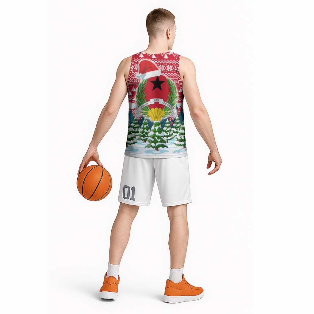 Guinea Bissau Christmas Basketball Jersey with Santa Sleigh Reindeer Forest and National Flag Design - Wonder Print Shop
