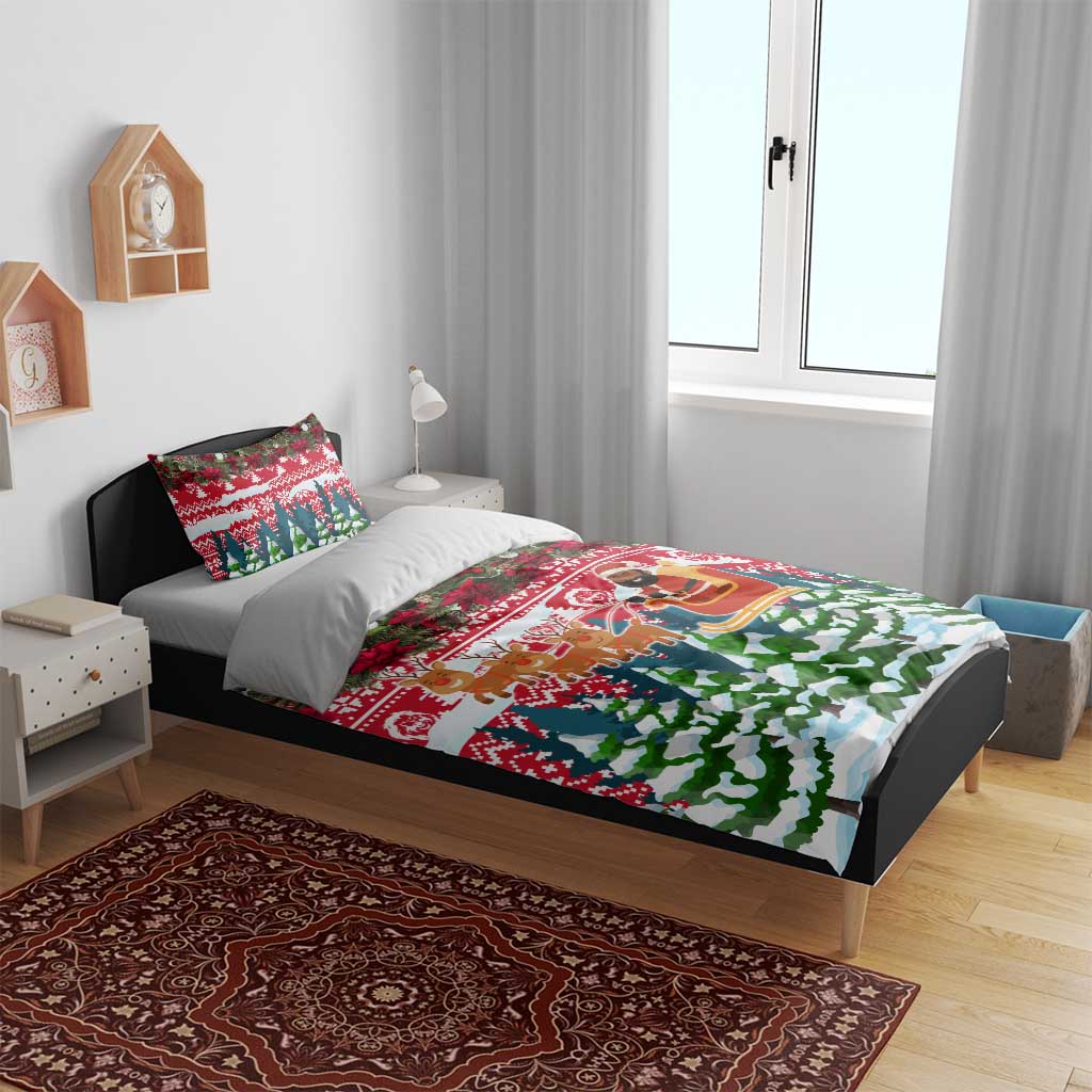 Guinea Bissau Christmas Bedding Set with Santa Sleigh Reindeer Forest and National Flag Design - Wonder Print Shop