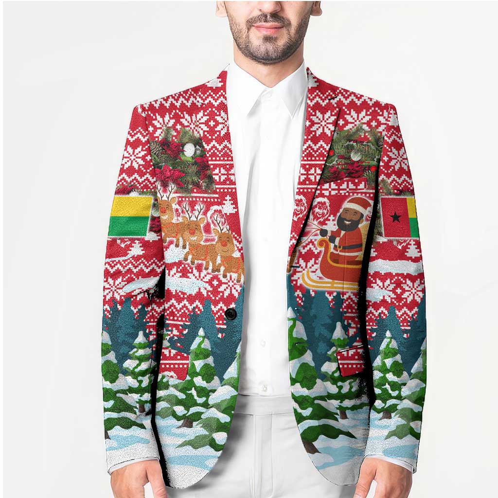 Guinea Bissau Christmas Blazer with Santa Sleigh Reindeer Forest and National Flag Design - Wonder Print Shop