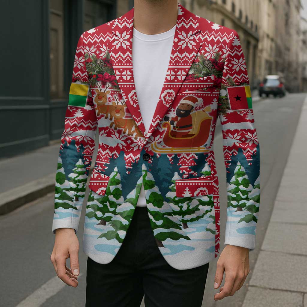 Guinea Bissau Christmas Blazer with Santa Sleigh Reindeer Forest and National Flag Design - Wonder Print Shop