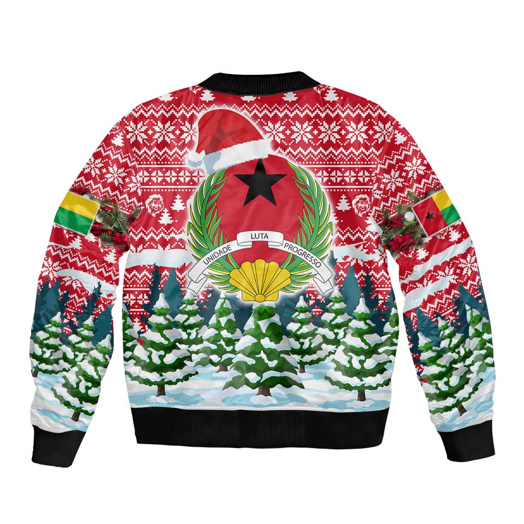 Guinea Bissau Christmas Bomber Jacket with Santa Sleigh Reindeer Forest and National Flag Design - Wonder Print Shop