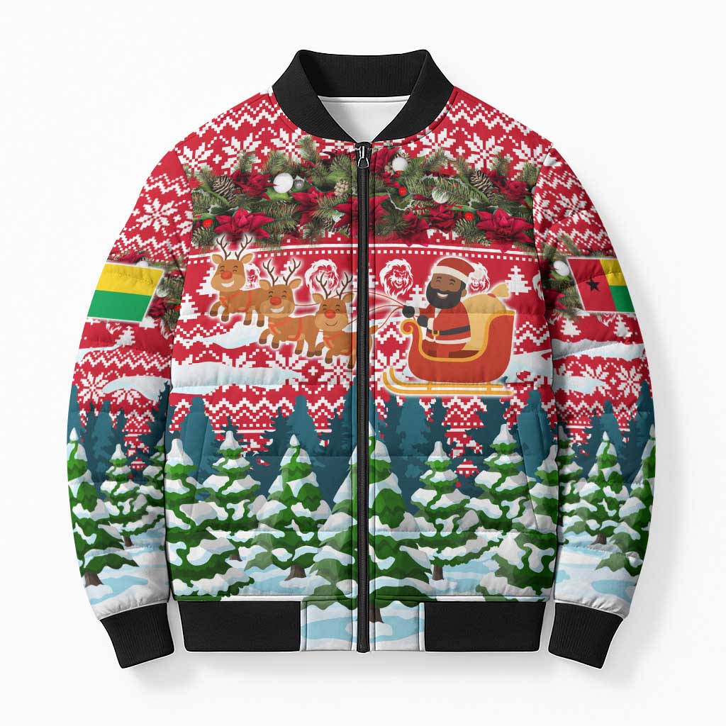 Guinea Bissau Christmas Bomber Puffer Jacket with Santa Sleigh Reindeer Forest and National Flag Design - Wonder Print Shop