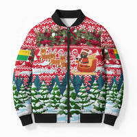 Guinea Bissau Christmas Bomber Puffer Jacket with Santa Sleigh Reindeer Forest and National Flag Design - Wonder Print Shop