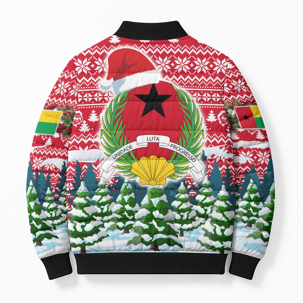 Guinea Bissau Christmas Bomber Puffer Jacket with Santa Sleigh Reindeer Forest and National Flag Design - Wonder Print Shop