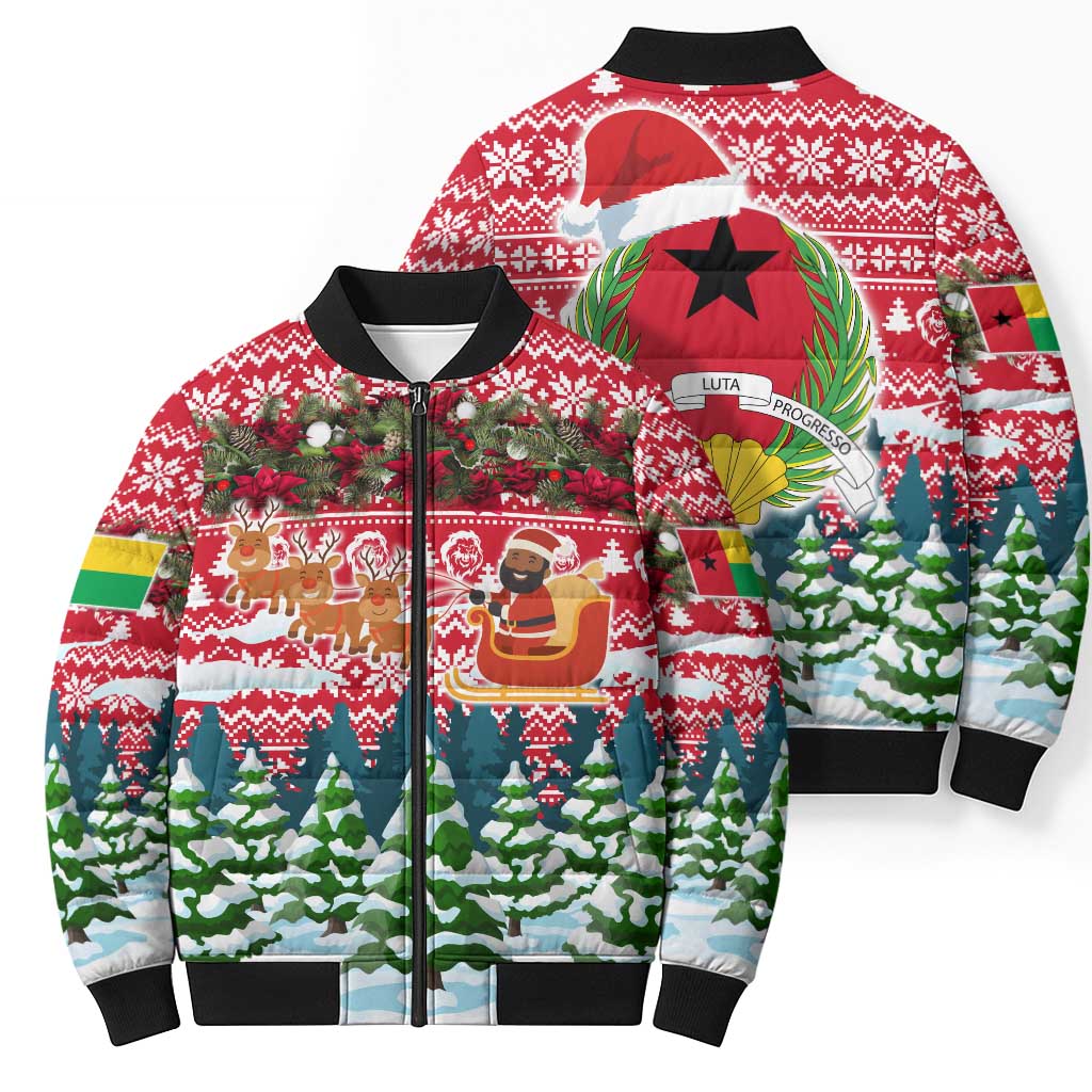 Guinea Bissau Christmas Bomber Puffer Jacket with Santa Sleigh Reindeer Forest and National Flag Design - Wonder Print Shop