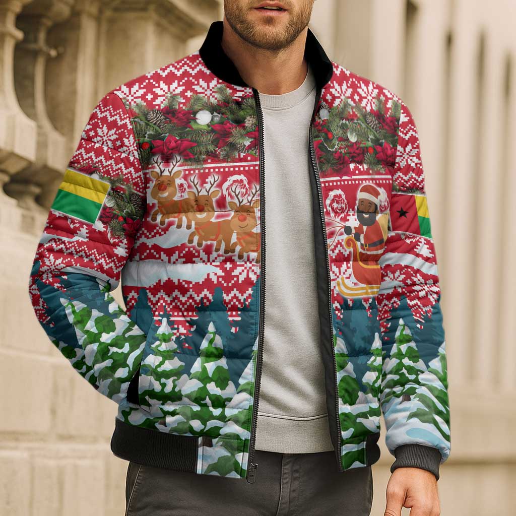 Guinea Bissau Christmas Bomber Puffer Jacket with Santa Sleigh Reindeer Forest and National Flag Design - Wonder Print Shop