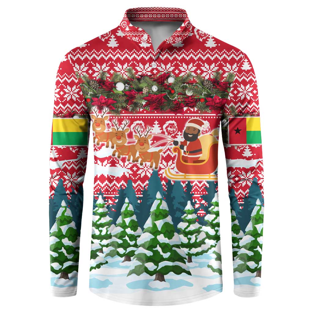 Guinea Bissau Christmas Button Sweatshirt with Santa Sleigh Reindeer Forest and National Flag Design - Wonder Print Shop