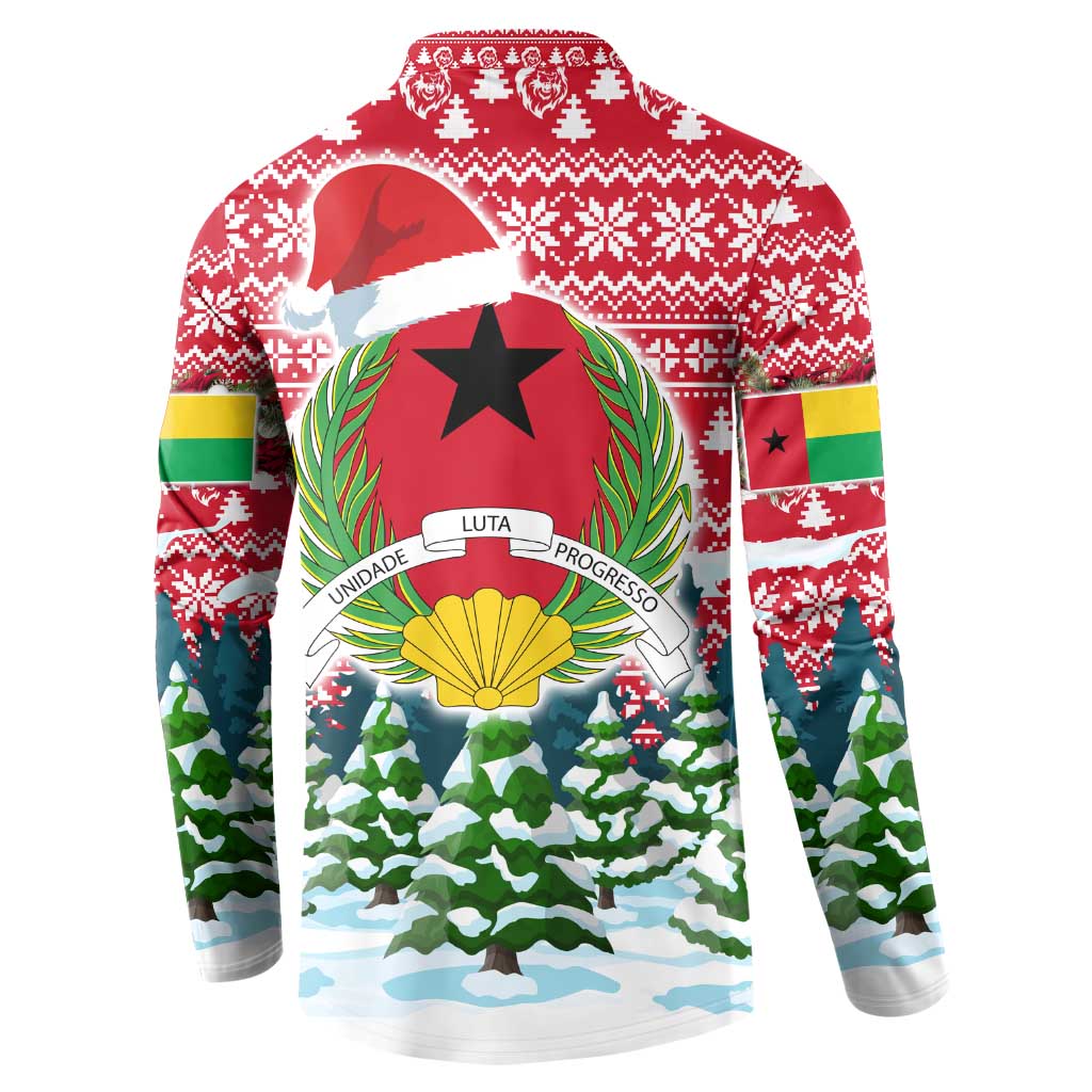 Guinea Bissau Christmas Button Sweatshirt with Santa Sleigh Reindeer Forest and National Flag Design - Wonder Print Shop
