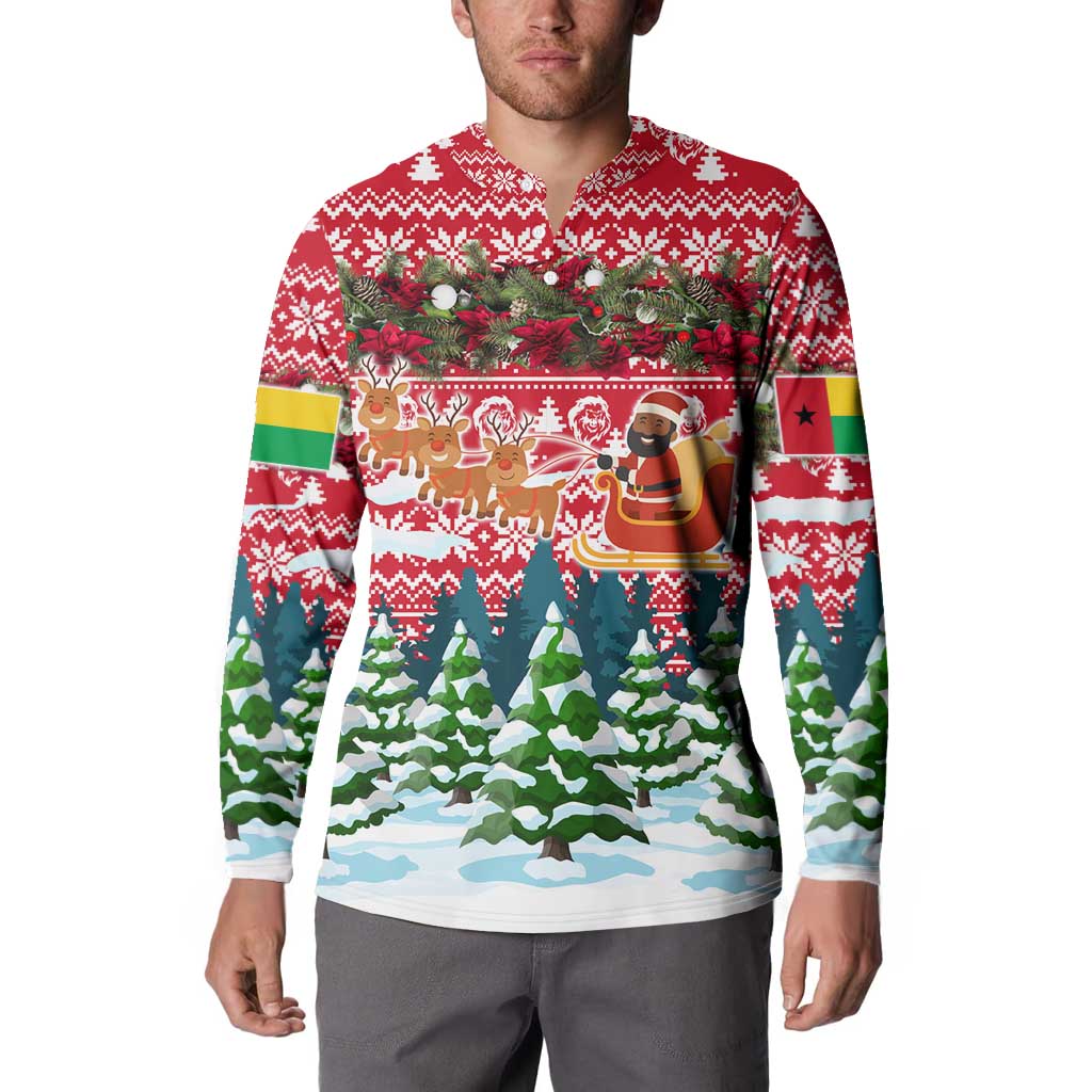 Guinea Bissau Christmas Button Sweatshirt with Santa Sleigh Reindeer Forest and National Flag Design - Wonder Print Shop
