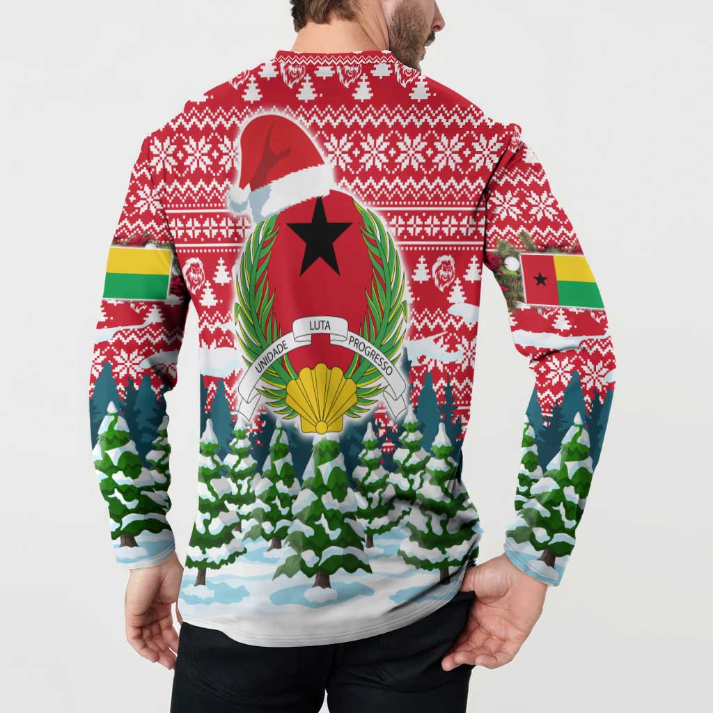 Guinea Bissau Christmas Button Sweatshirt with Santa Sleigh Reindeer Forest and National Flag Design - Wonder Print Shop