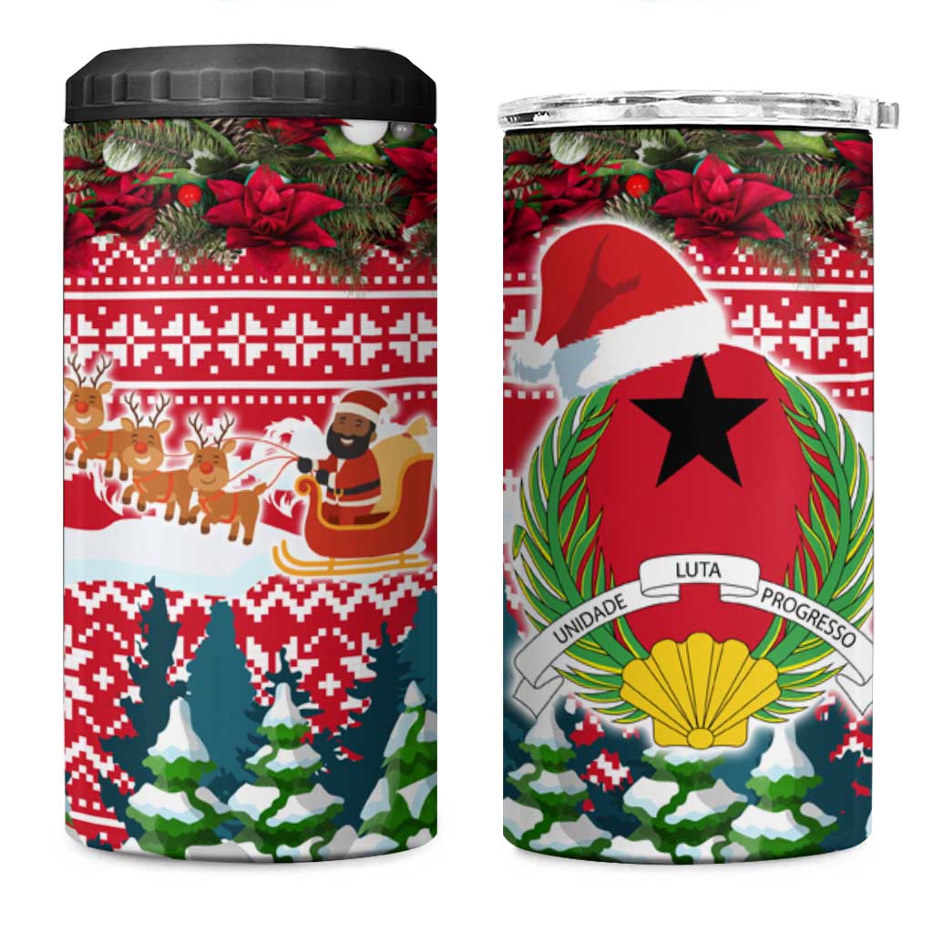 Guinea Bissau Christmas 4 in 1 Can Cooler Tumbler with Santa Sleigh Reindeer Forest and National Flag Design - Wonder Print Shop