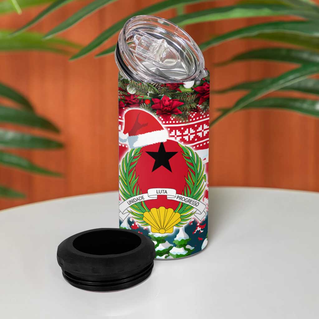 Guinea Bissau Christmas 4 in 1 Can Cooler Tumbler with Santa Sleigh Reindeer Forest and National Flag Design - Wonder Print Shop