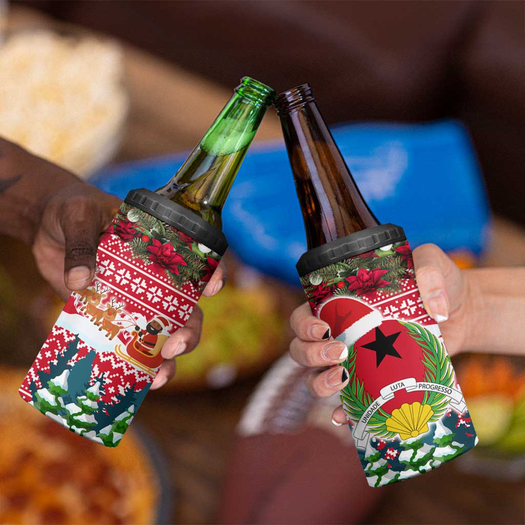 Guinea Bissau Christmas 4 in 1 Can Cooler Tumbler with Santa Sleigh Reindeer Forest and National Flag Design - Wonder Print Shop