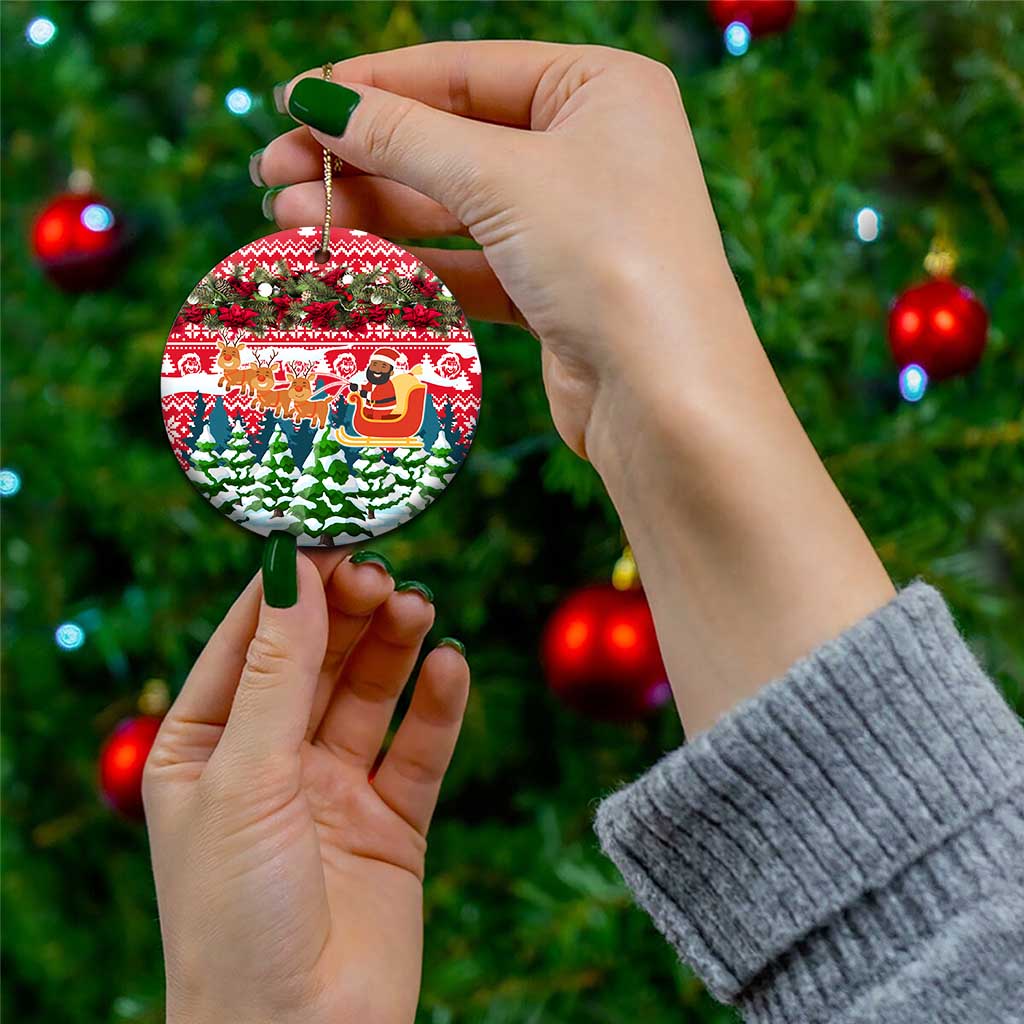 Guinea Bissau Christmas Ceramic Ornament with Santa Sleigh Reindeer Forest and National Flag Design - Wonder Print Shop
