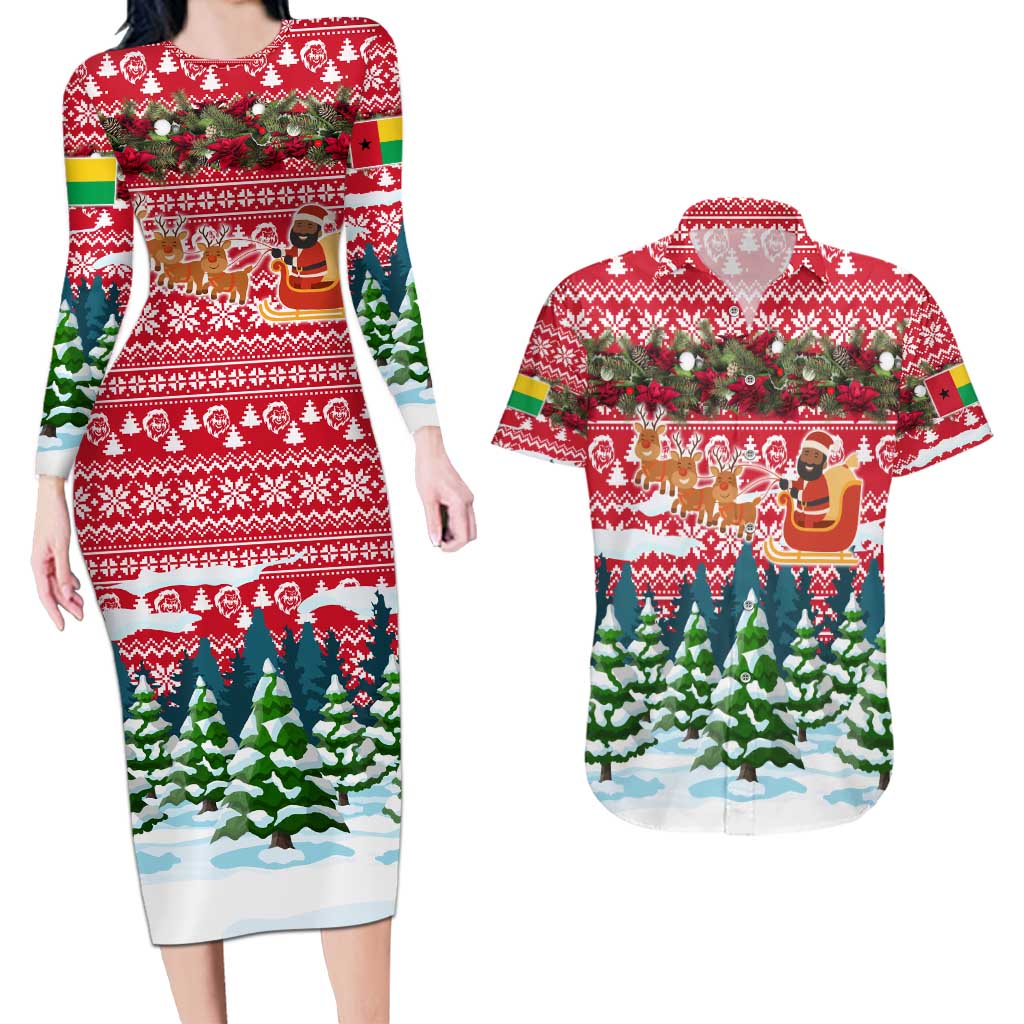 Guinea Bissau Christmas Couples Matching Long Sleeve Bodycon Dress and Hawaiian Shirt with Santa Sleigh Reindeer Forest and National Flag Design - Wonder Print Shop