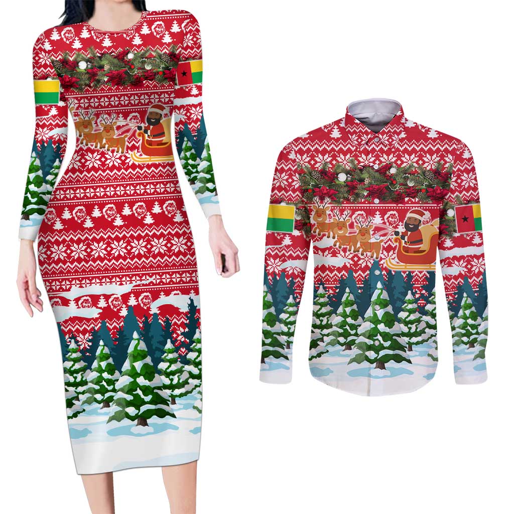 Guinea Bissau Christmas Couples Matching Long Sleeve Bodycon Dress and Long Sleeve Button Shirt with Santa Sleigh Reindeer Forest and National Flag Design - Wonder Print Shop