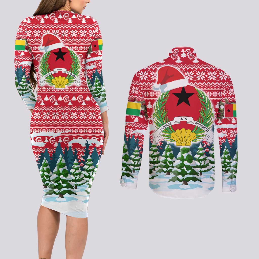 Guinea Bissau Christmas Couples Matching Long Sleeve Bodycon Dress and Long Sleeve Button Shirt with Santa Sleigh Reindeer Forest and National Flag Design - Wonder Print Shop