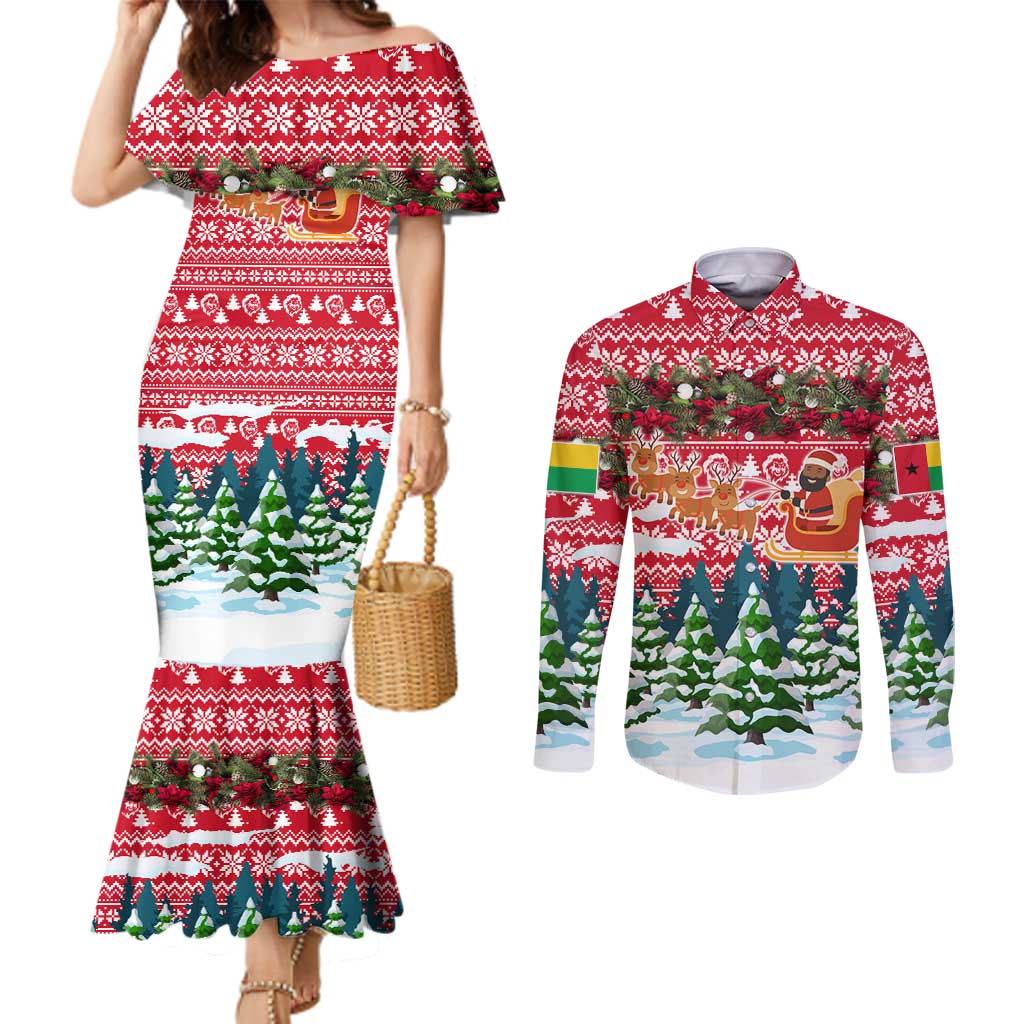 Guinea Bissau Christmas Couples Matching Mermaid Dress and Long Sleeve Button Shirt with Santa Sleigh Reindeer Forest and National Flag Design - Wonder Print Shop
