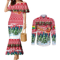 Guinea Bissau Christmas Couples Matching Mermaid Dress and Long Sleeve Button Shirt with Santa Sleigh Reindeer Forest and National Flag Design - Wonder Print Shop