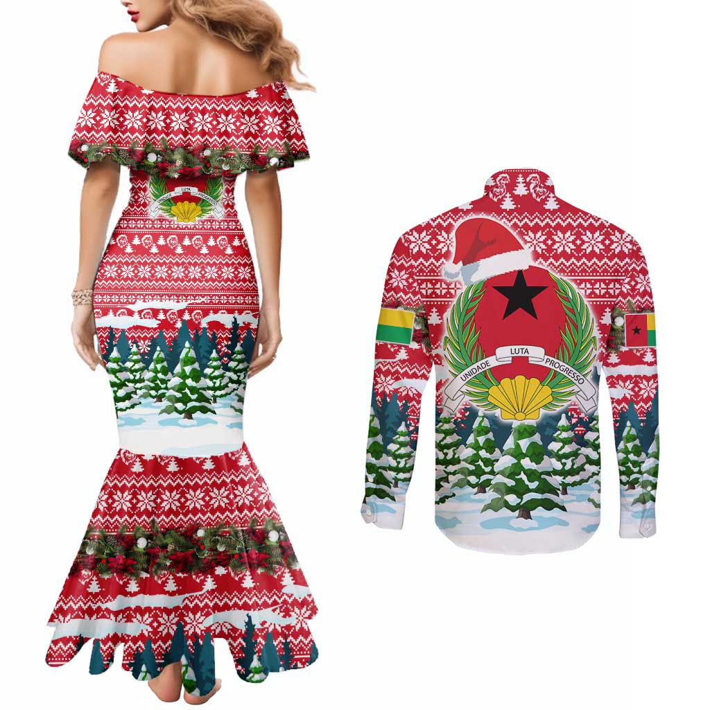 Guinea Bissau Christmas Couples Matching Mermaid Dress and Long Sleeve Button Shirt with Santa Sleigh Reindeer Forest and National Flag Design - Wonder Print Shop