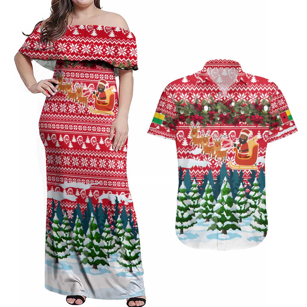 Guinea Bissau Christmas Couples Matching Off Shoulder Maxi Dress and Hawaiian Shirt with Santa Sleigh Reindeer Forest and National Flag Design - Wonder Print Shop