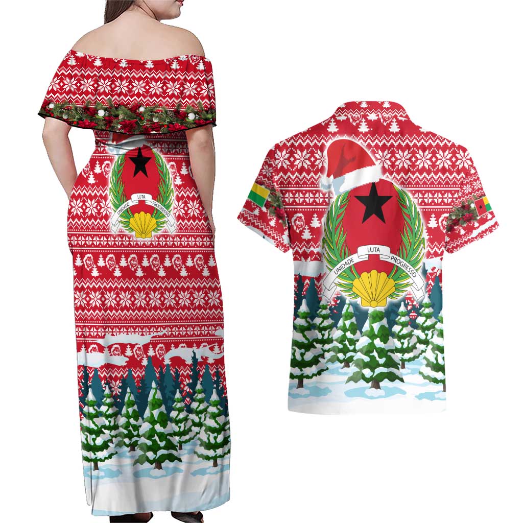 Guinea Bissau Christmas Couples Matching Off Shoulder Maxi Dress and Hawaiian Shirt with Santa Sleigh Reindeer Forest and National Flag Design - Wonder Print Shop